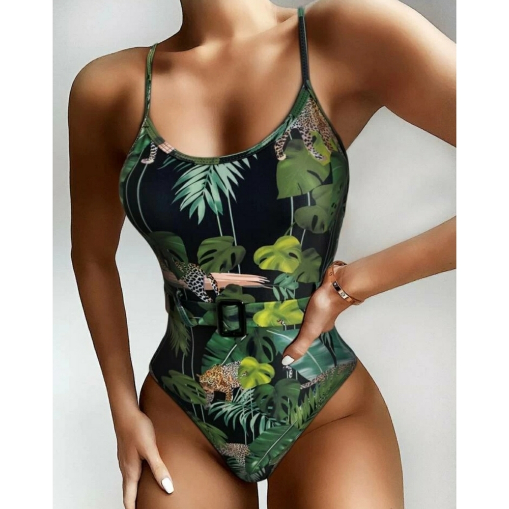 Tropical Belted One Piece Swimsuit